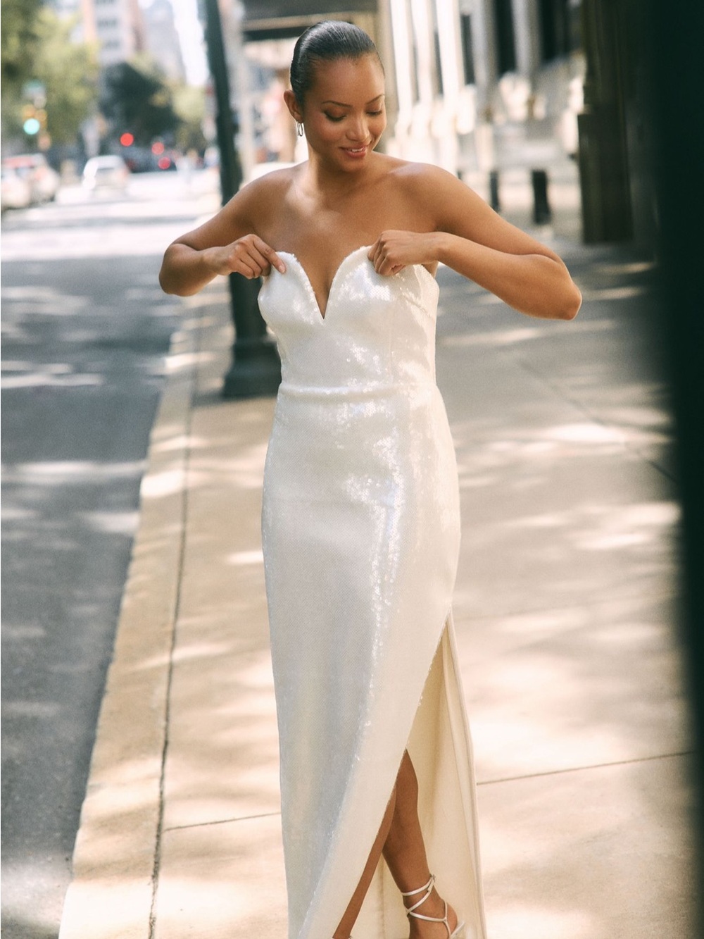 Anthropologie White Strapless Sequin Gown